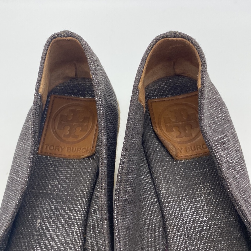 Tory Burch Filipa Slip On Espadrille Wedges Gray Shimmer Metallic Womens Sz. 7.5